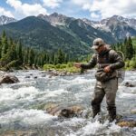 Fly fisherman securing gear in a rushing Colorado river.