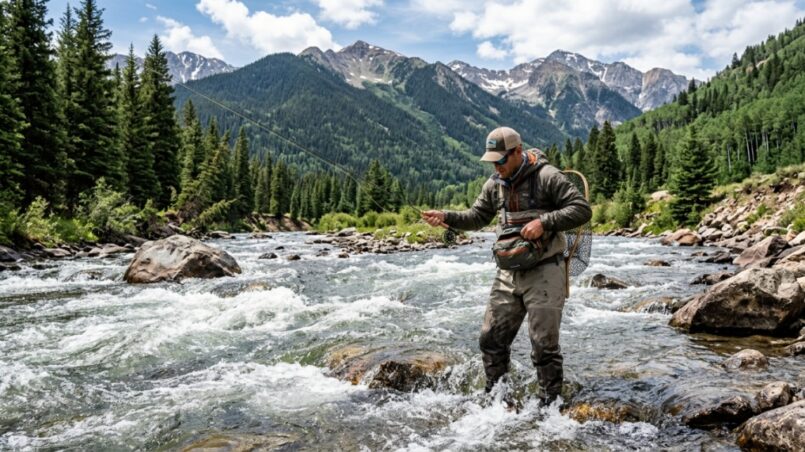 Fly fisherman securing gear in a rushing Colorado river.