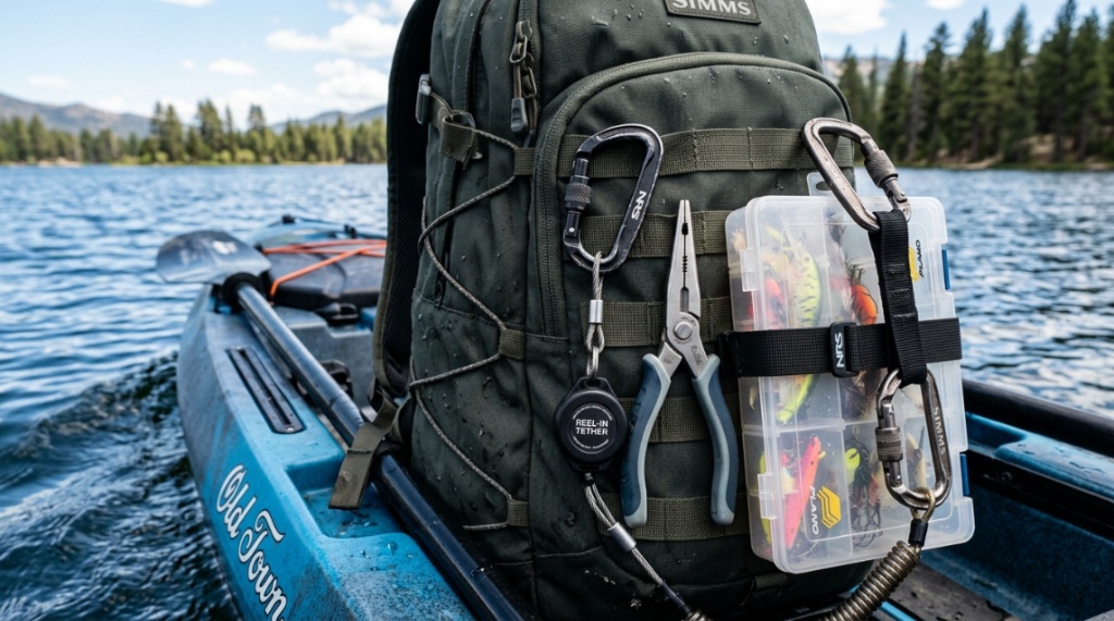 Retractable tethers securing fishing gear to a kayak.