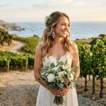 Bride wearing sparkling wedding earrings outdoors in a California setting.