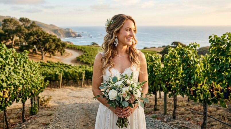 Bride wearing sparkling wedding earrings outdoors in a California setting.
