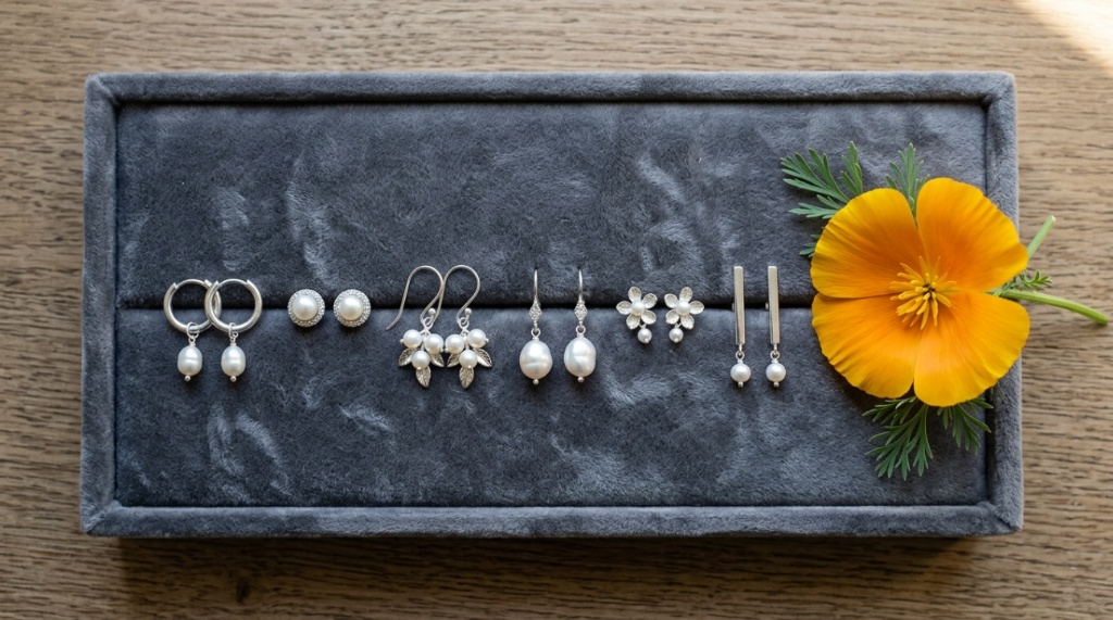 Selection of affordable bridal earrings displayed on a velvet tray.
