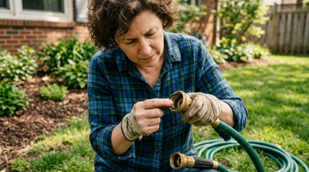 Hands inspecting brass fittings on a garden hose reel.