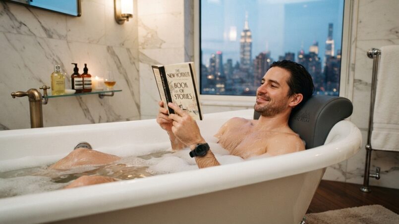Man relaxing in a bathtub using a NY relaxation pillow.