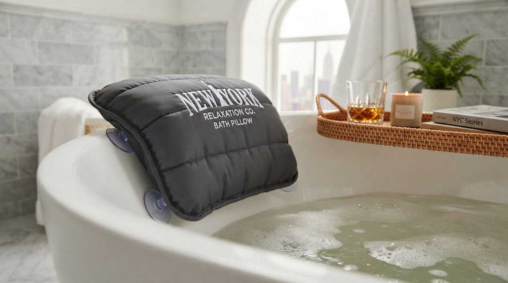 Close-up of a NY relaxation pillow on a bathtub.
