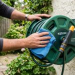 Person cleaning a wall-mounted retractable hose reel with a cloth.