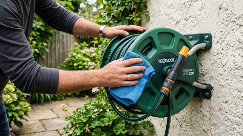Person cleaning a wall-mounted retractable hose reel with a cloth.